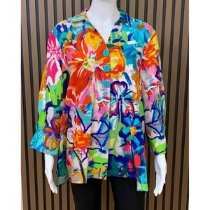 Ali Miles Women's Floral Button Up Tunic Shirt L Multicolor Rayon Blend